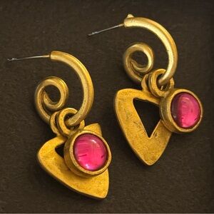 VTG French Gold Swirl Pink Cabochon Hoop Earrings